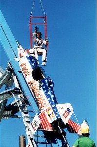 Evel Knievel attempting Snake River Canyon jump